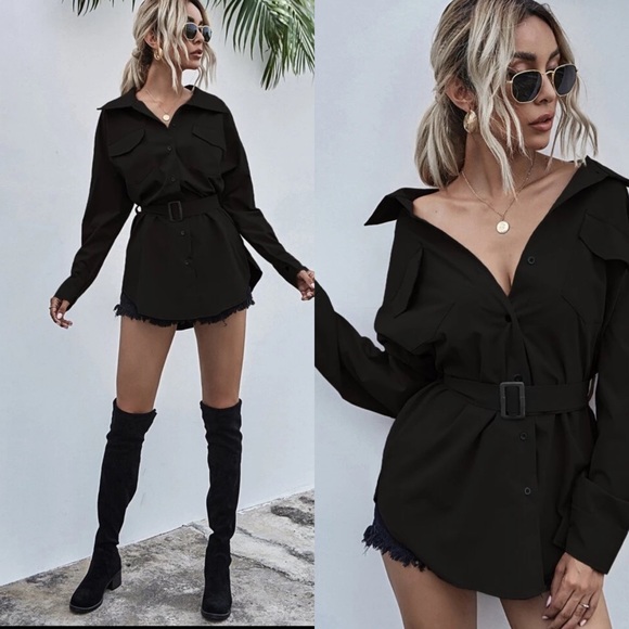 Button Detail Belted Long Sleeve Shirt- KHAKI - Picture 6 of 10